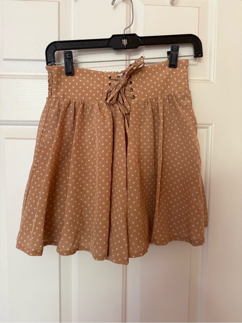 High-Waist Polka Dot Tie-Front Skirt in Tan